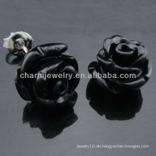 925 Silber Rhodium überzogener schwarzer Rosen-Bolzen-Ohrring gefärbter Korallen-Bolzen-Ohrring EF-026